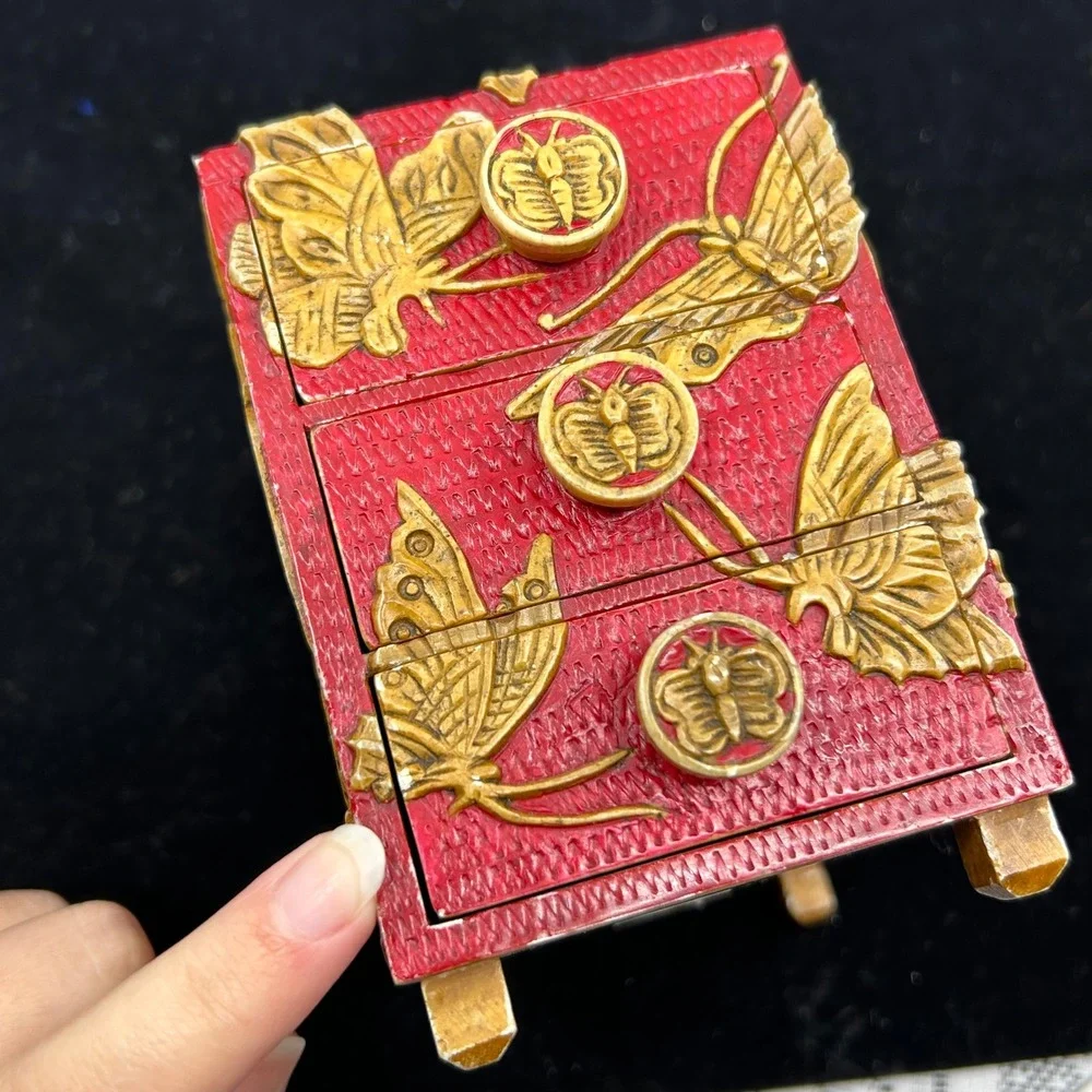 Carved Soapstone Vietnam Handmade Red Carved Butterfly Jewelry Drawer Box
